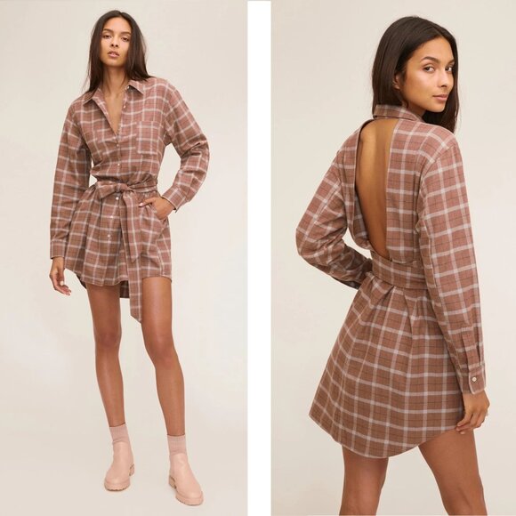 Marissa Webb Brett Lightweight Flannel U-Back Mini Dress Size M Mesa Tan Plaid - Picture 1 of 11